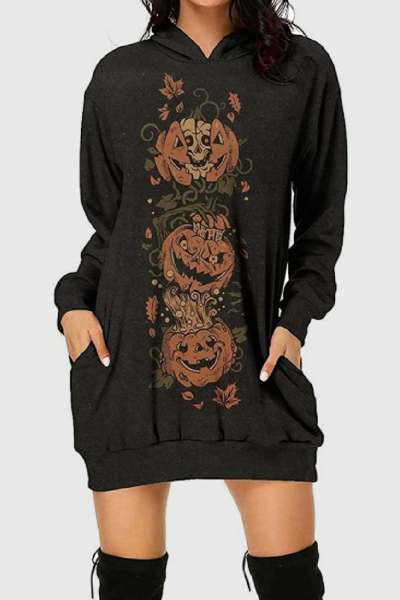 Casual Print Basic Hooded Collar Long Sleeve Dresses Black Brown