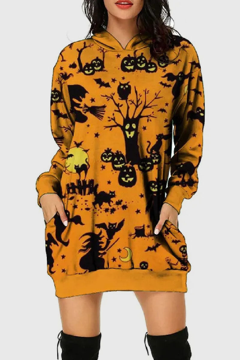 Casual Print Basic Hooded Collar Long Sleeve Dresses Orange