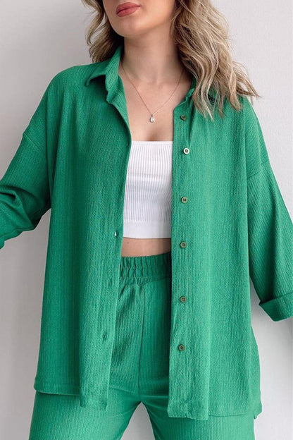 Casual Solid Buttons Turndown Collar Long Sleeve Two Pieces Green