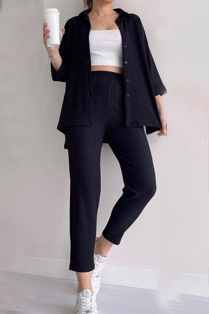 Casual Solid Buttons Turndown Collar Long Sleeve Two Pieces Black