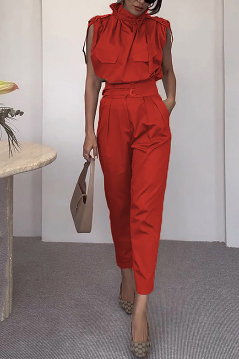 Street Elegant Solid Patchwork Turtleneck Regular Jumpsuits Red