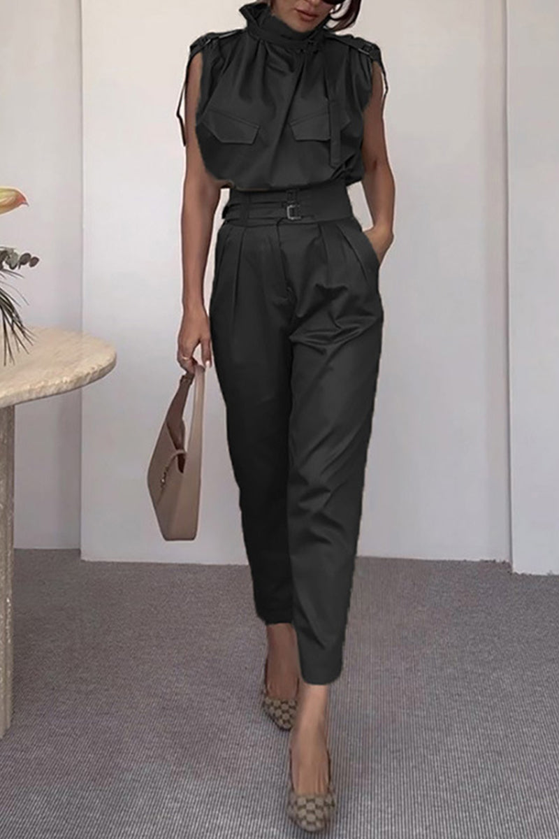 Street Elegant Solid Patchwork Turtleneck Regular Jumpsuits Black