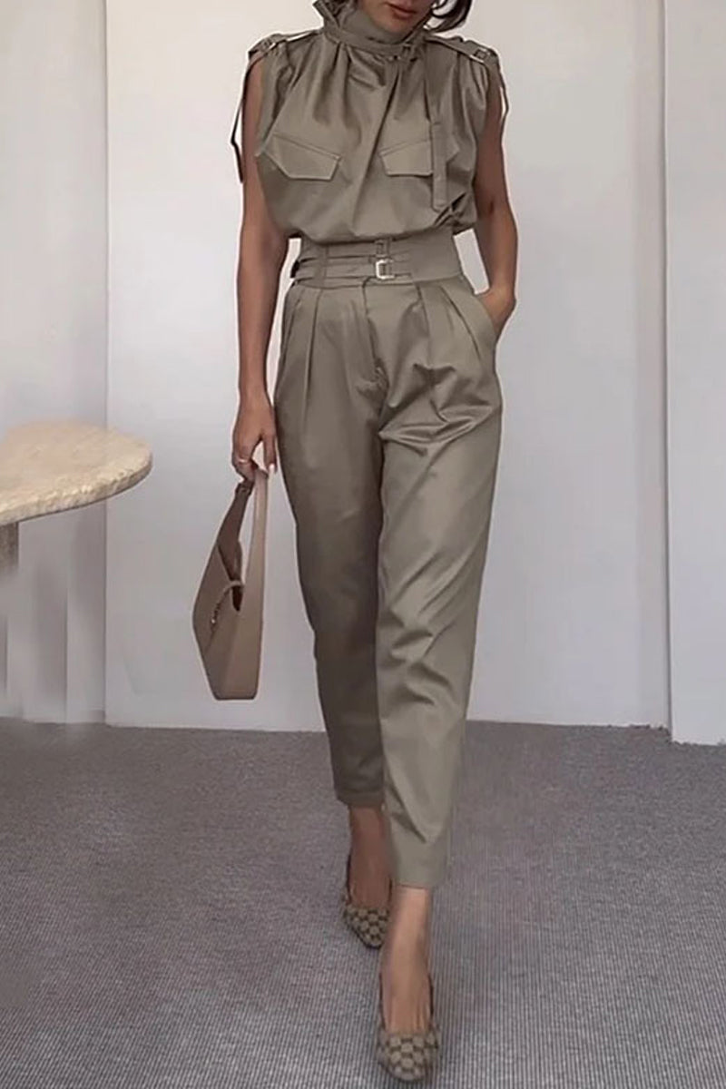 Street Elegant Solid Patchwork Turtleneck Regular Jumpsuits Lady Grey