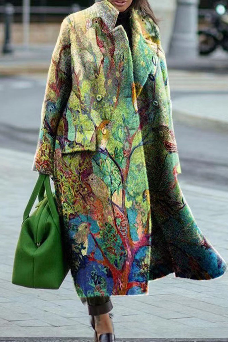 Street Elegant Print Patchwork Turn-back Collar Outerwear Green