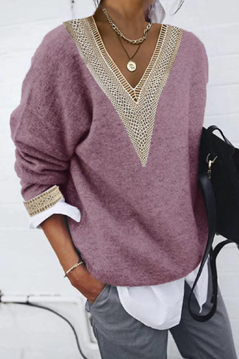 Casual Solid Patchwork V Neck Tops Pink