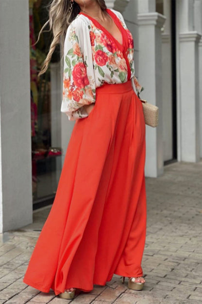 Elegant Floral Pocket V Neck Long Sleeve Two Pieces Orange