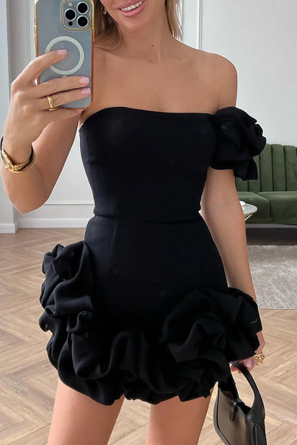 Sexy Solid Fold Asymmetrical One Shoulder Bud Dresses Black