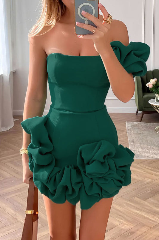 Sexy Solid Fold Asymmetrical One Shoulder Bud Dresses Green