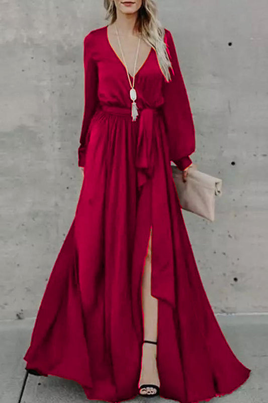 Sexy Solid Bandage V Neck Irregular Dress Dresses Red