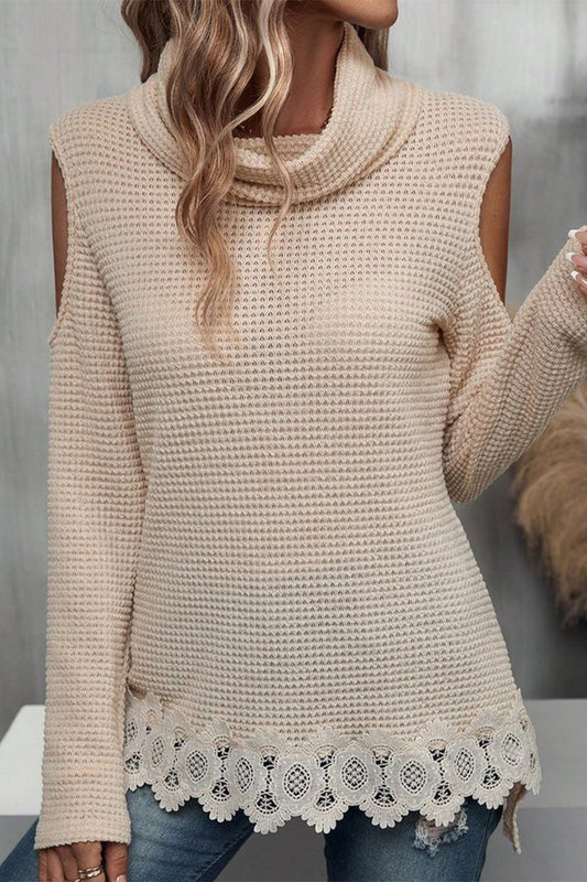 Elegant Solid Lace Turtleneck Tops Khaki