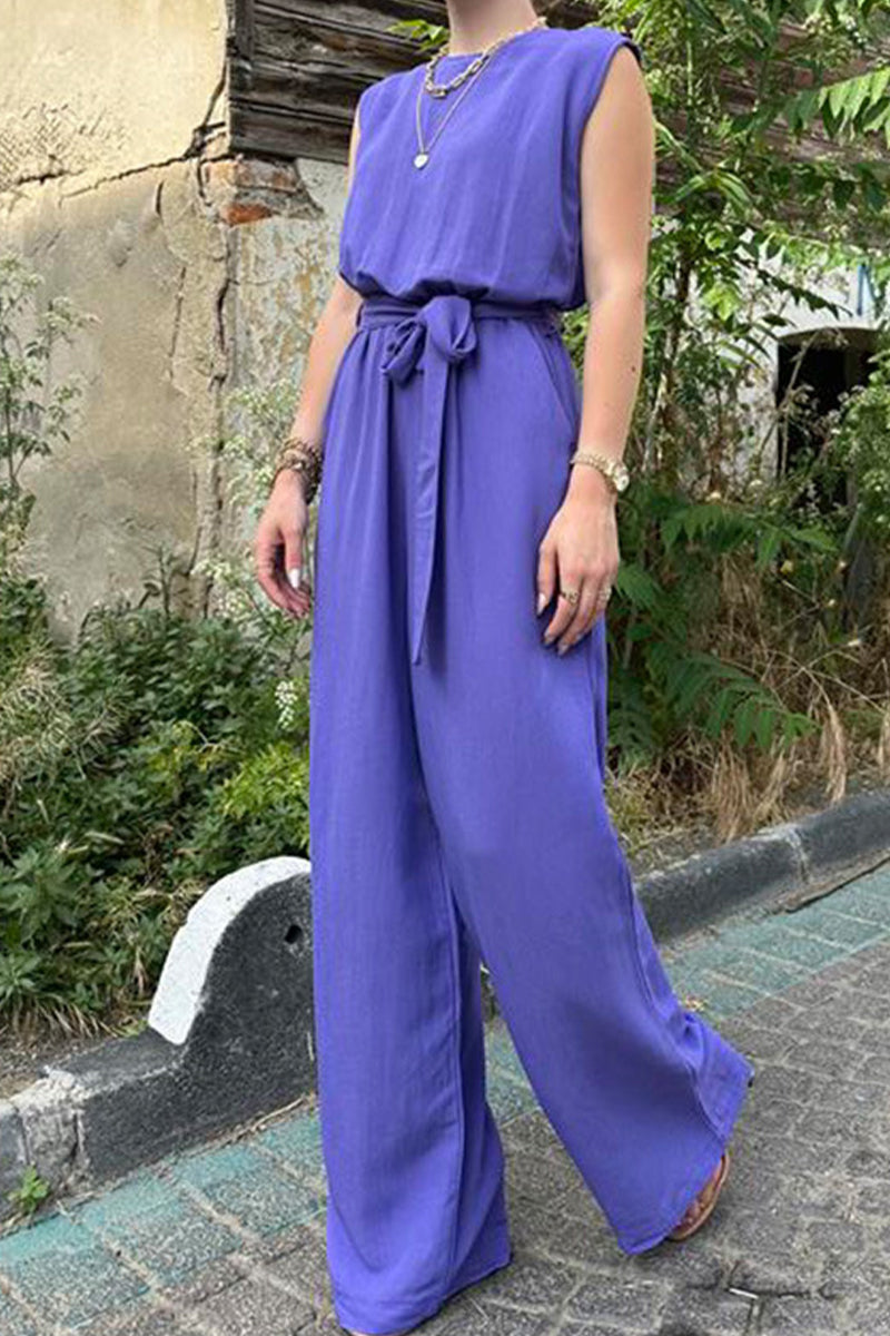 Elegant Solid Frenulum O Neck Loose Jumpsuits Blue Purple