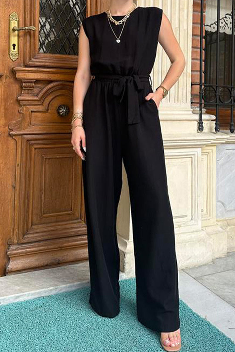 Elegant Solid Frenulum O Neck Loose Jumpsuits Black