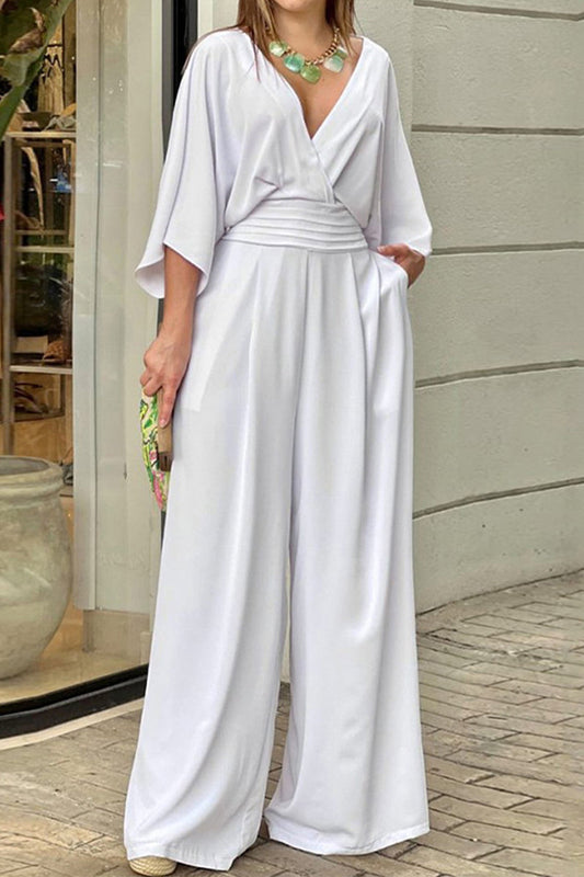 Elegant Solid Fold V Neck Loose Jumpsuits White