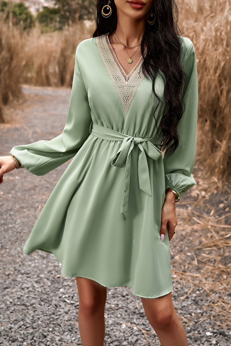 Elegant Solid Lace Bandage V Neck A Line Dresses Light Green