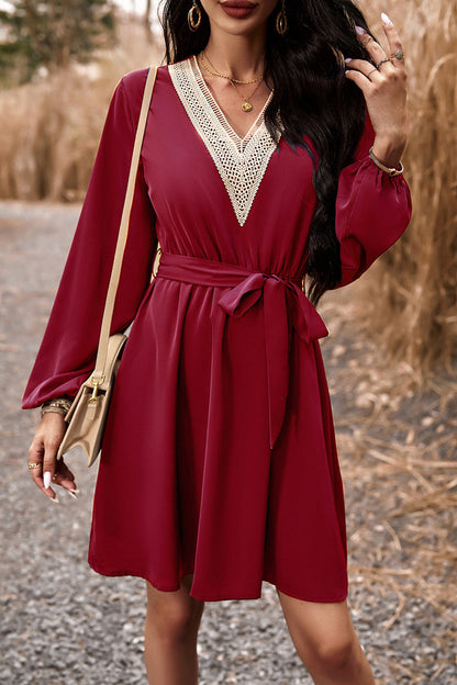 Elegant Solid Lace Bandage V Neck A Line Dresses Burgundy