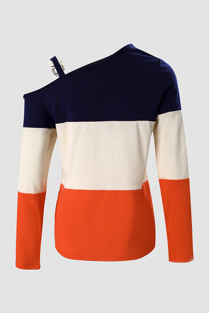 Sexy Color Block Patchwork Oblique Collar Tops(3 Colors)