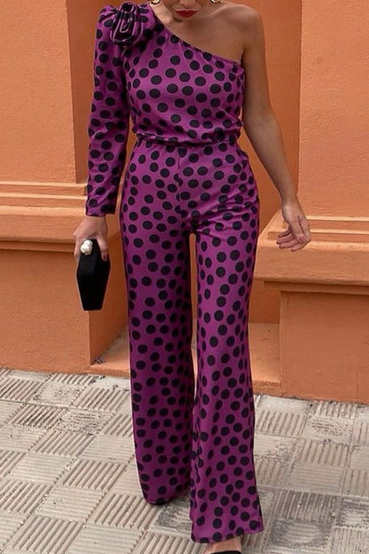 Casual Dot Print Backless Oblique Collar Regular Jumpsuits Purple