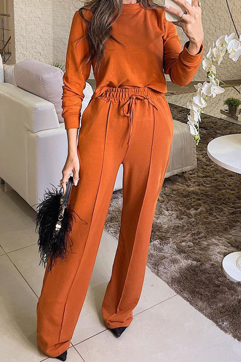 Elegant Solid Frenulum O Neck Long Sleeve Two Pieces Orange