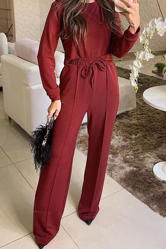 Elegant Solid Frenulum O Neck Long Sleeve Two Pieces Burgundy