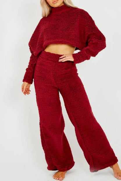 Casual Solid Patchwork Half A Turtleneck Long Sleeve Two Pieces(4 Colors) Burgundy