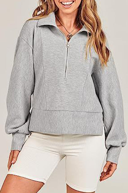 Casual Solid Zipper Zipper Collar Tops(6 Colors) Grey