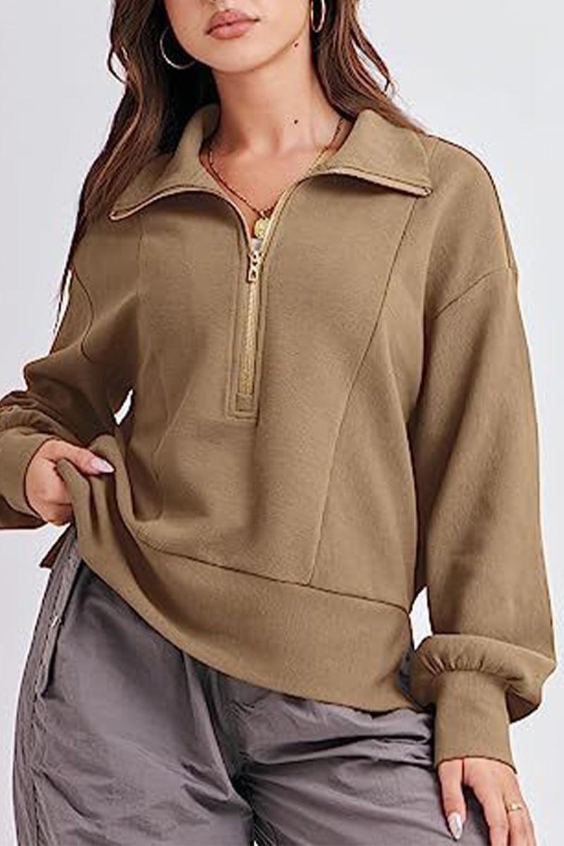 Casual Solid Zipper Zipper Collar Tops(6 Colors) Khaki