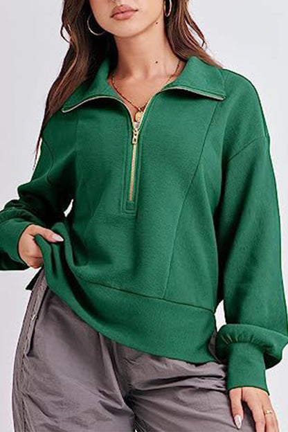 Casual Solid Zipper Zipper Collar Tops(6 Colors) Green