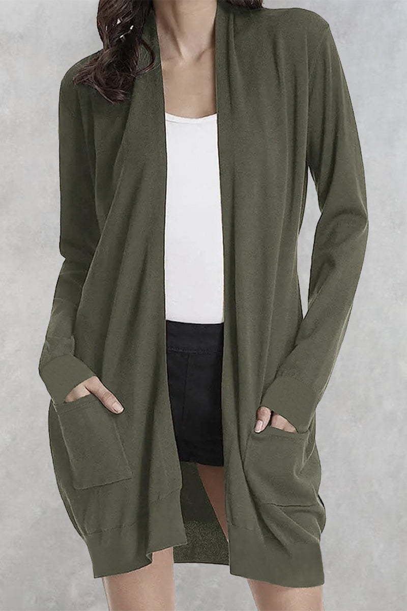 Casual Solid Pocket Cardigan Collar Outerwear Green