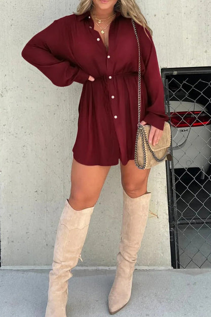 Casual Solid Frenulum Turndown Collar Long Sleeve Two Pieces(7 Colors) Burgundy