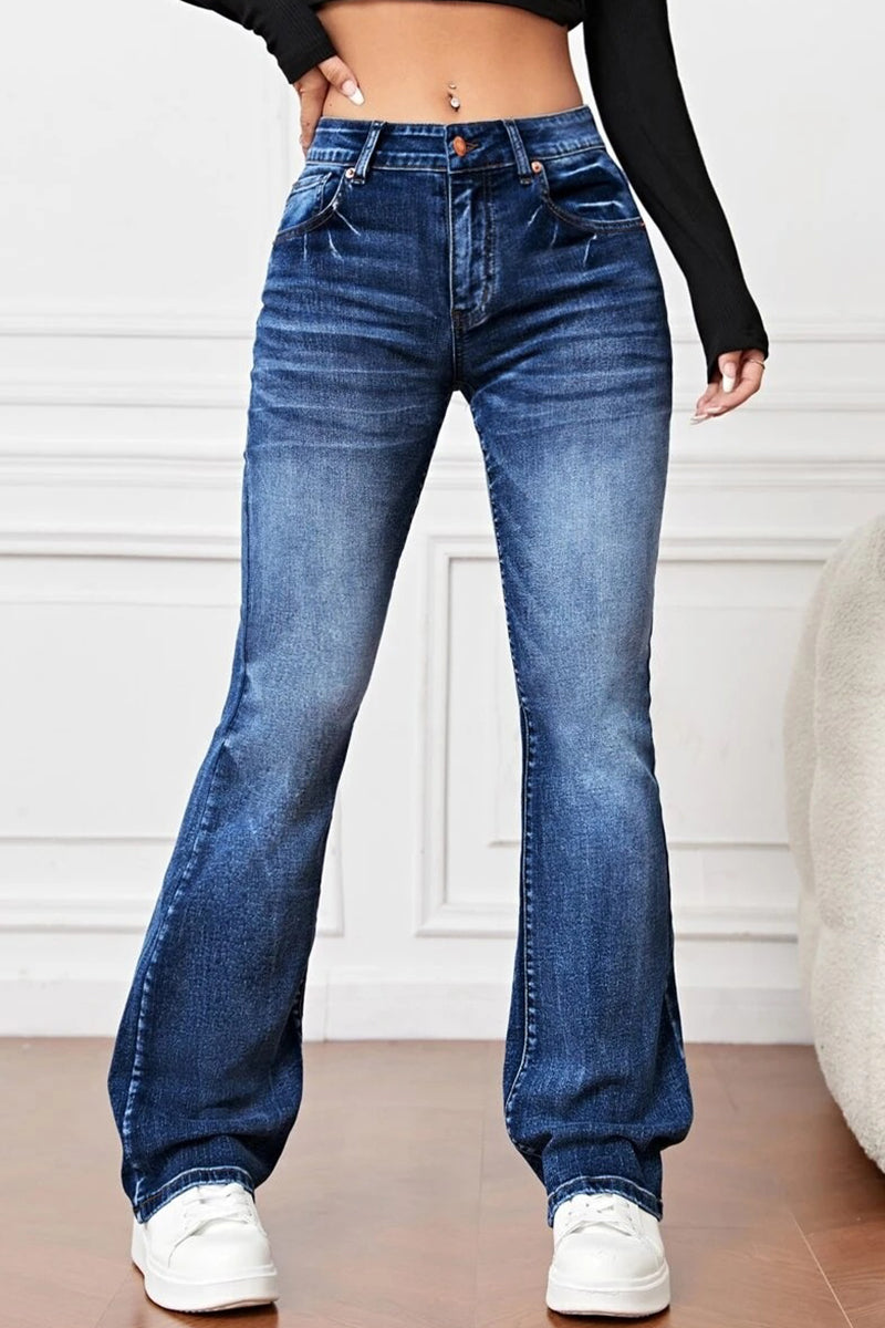 Casual Solid Pocket High Waist Denim Jeans(3 Colors) Deep Blue