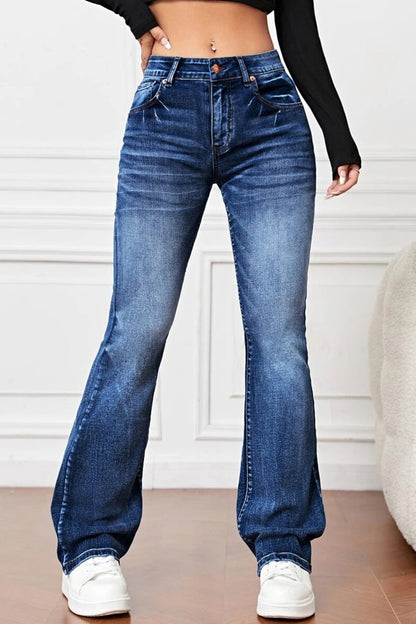 Casual Solid Pocket High Waist Denim Jeans(3 Colors) Deep Blue