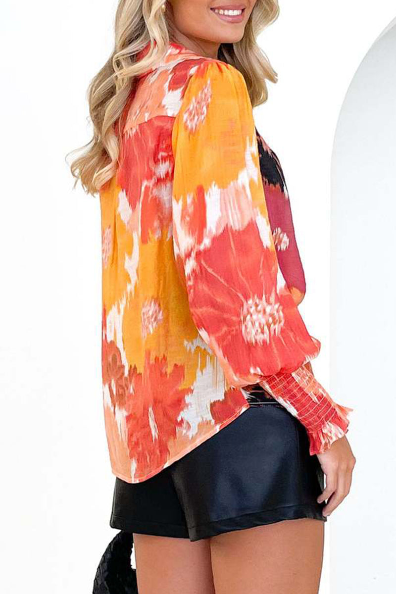 Elegant Floral Asymmetrical V Neck Tops