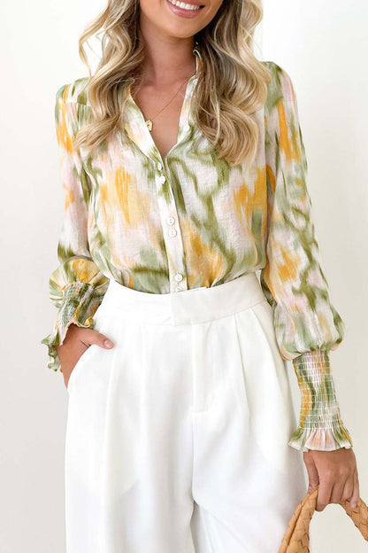 Elegant Floral Asymmetrical V Neck Tops Green Yellow