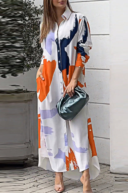 Casual Street Geometric Printing Turndown Collar Shirt Dresses(9 Colors) White Orange