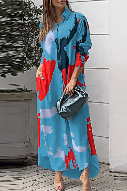 Casual Street Geometric Printing Turndown Collar Shirt Dresses(9 Colors) Blue Red