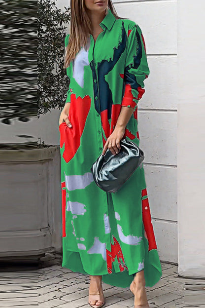 Casual Street Geometric Printing Turndown Collar Shirt Dresses(9 Colors) Green Red