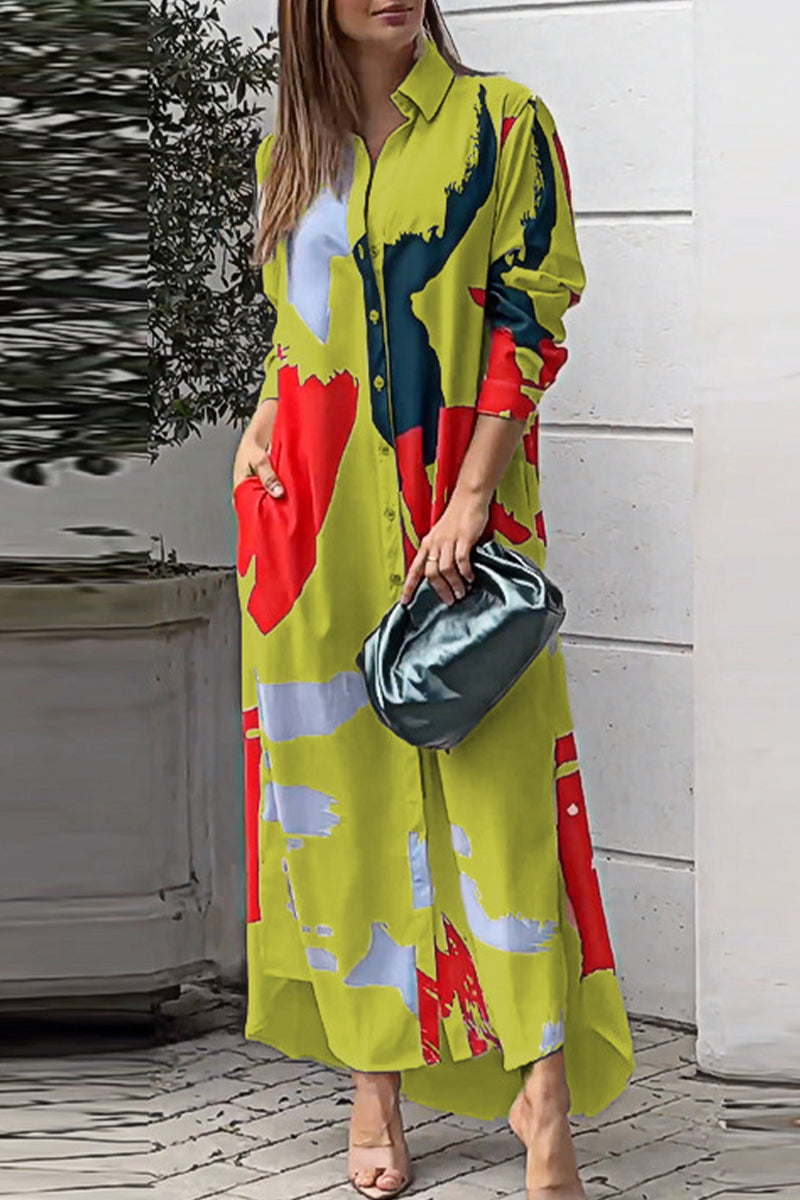 Casual Street Geometric Printing Turndown Collar Shirt Dresses(9 Colors) Yellow Red