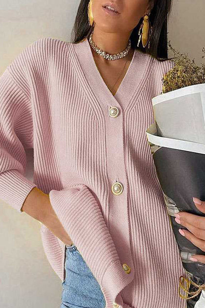 Casual Solid Buttons V Neck Outerwear(7 Colors) Pink One Size