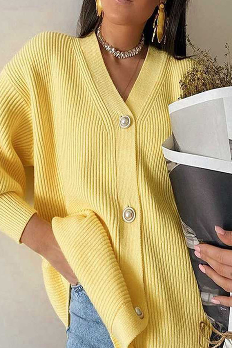 Casual Solid Buttons V Neck Outerwear(7 Colors) Yellow One Size