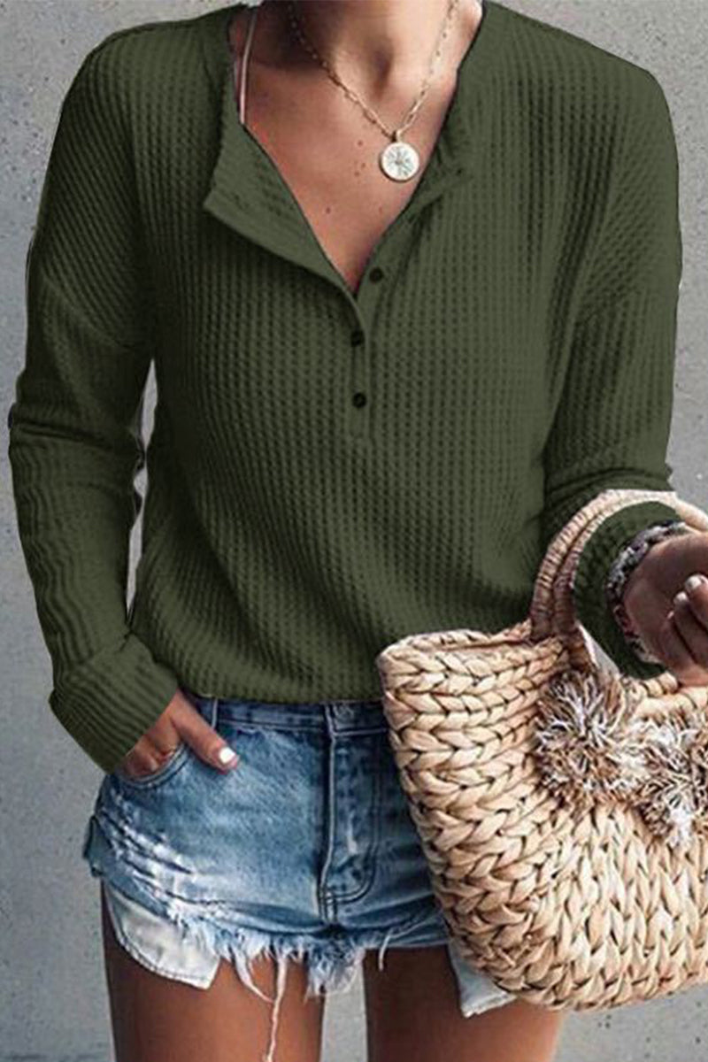 Casual Solid Buttons O Neck Tops(8 Colors) Dark Green