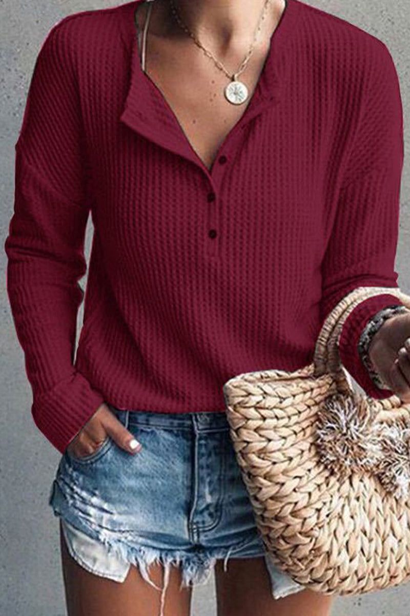 Casual Solid Buttons O Neck Tops(8 Colors) Burgundy