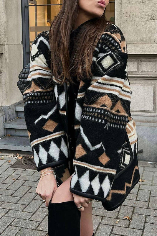 Casual Street Geometric Print Pocket U Neck Outerwear Black