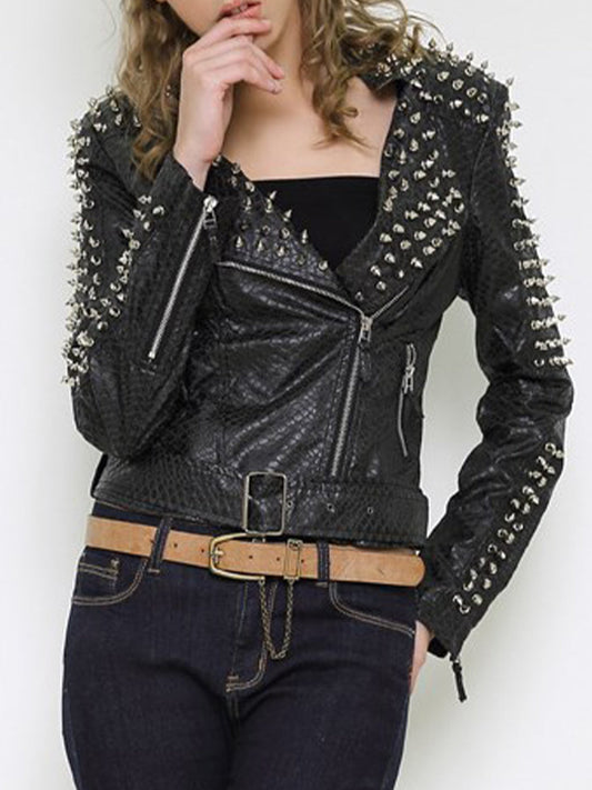 Casual Punk Solid Rivets Turndown Collar Outerwear Black