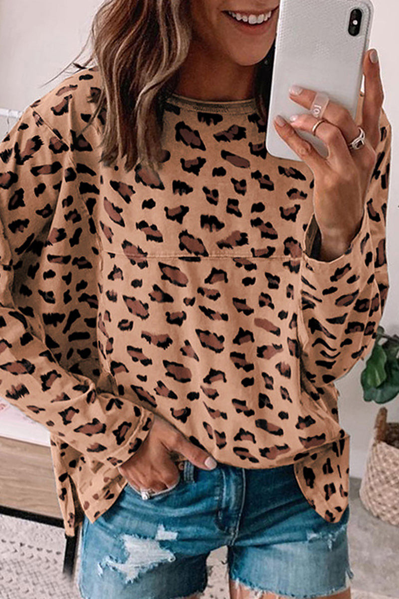 Casual Leopard Printing O Neck Tops(3 Colors) Brown