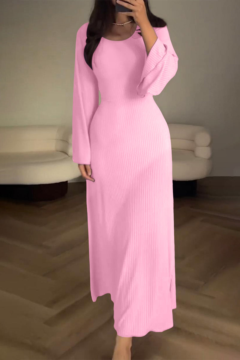 Elegant Simplicity Solid Bandage O Neck Irregular Dresses(9 Colors) Pink