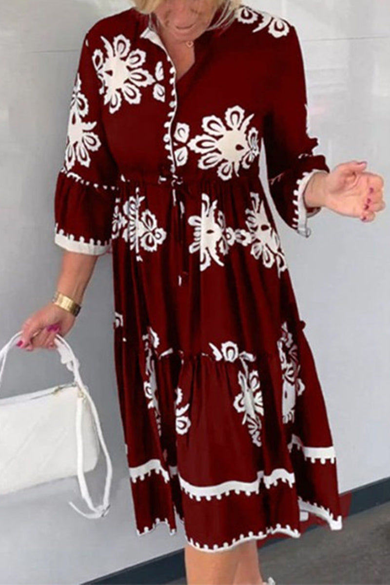 Elegant College Geometric Printing O Neck Printed Dresses(4 Colors) Brownness