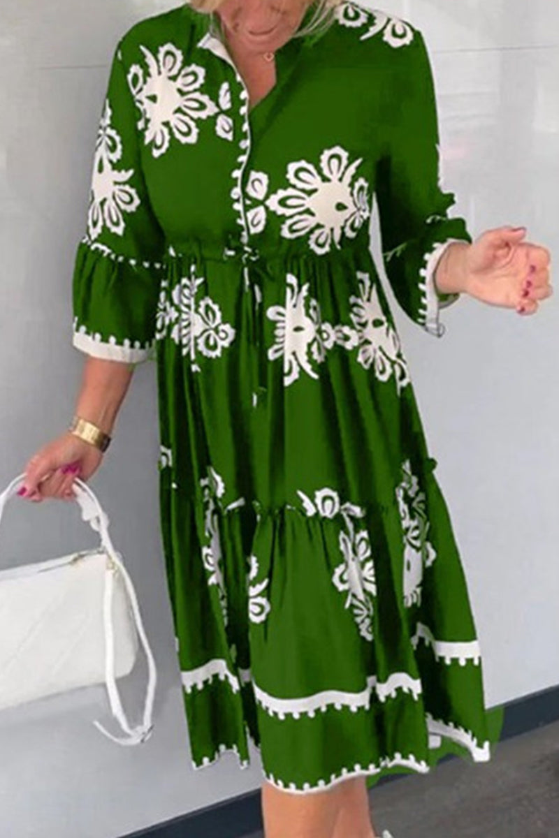 Elegant College Geometric Printing O Neck Printed Dresses(4 Colors) Green