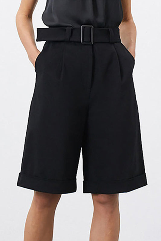 Casual Simplicity Solid With Belt High Waist Type A Solid Color Bottoms Black