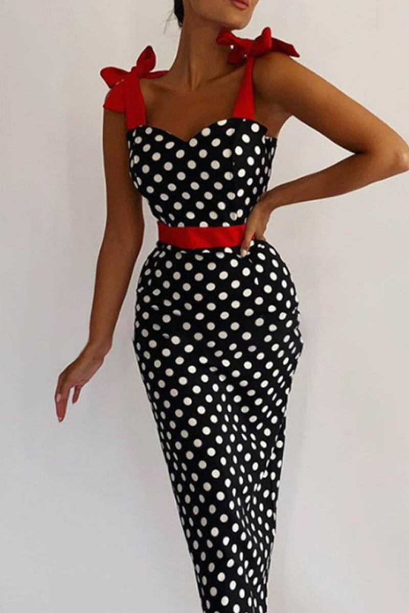 Elegant Polka Dot Contrast Off the Shoulder One Step Skirt Dresses Black