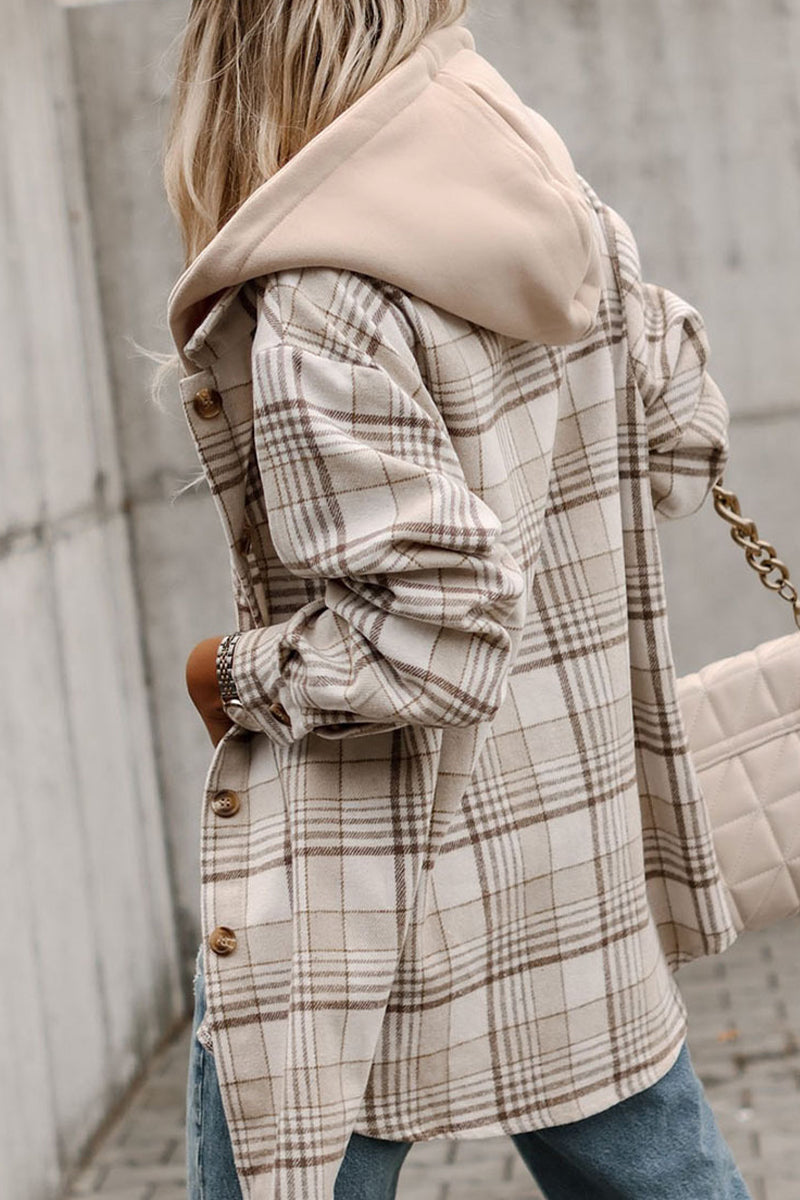 Casual Plaid Patchwork Hooded Collar Outerwear